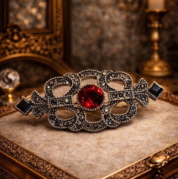 Vintage Jewelry - Vintage Late 70's Silver Tone Crystals Red Ruby Crystal Victorian Style Brooch